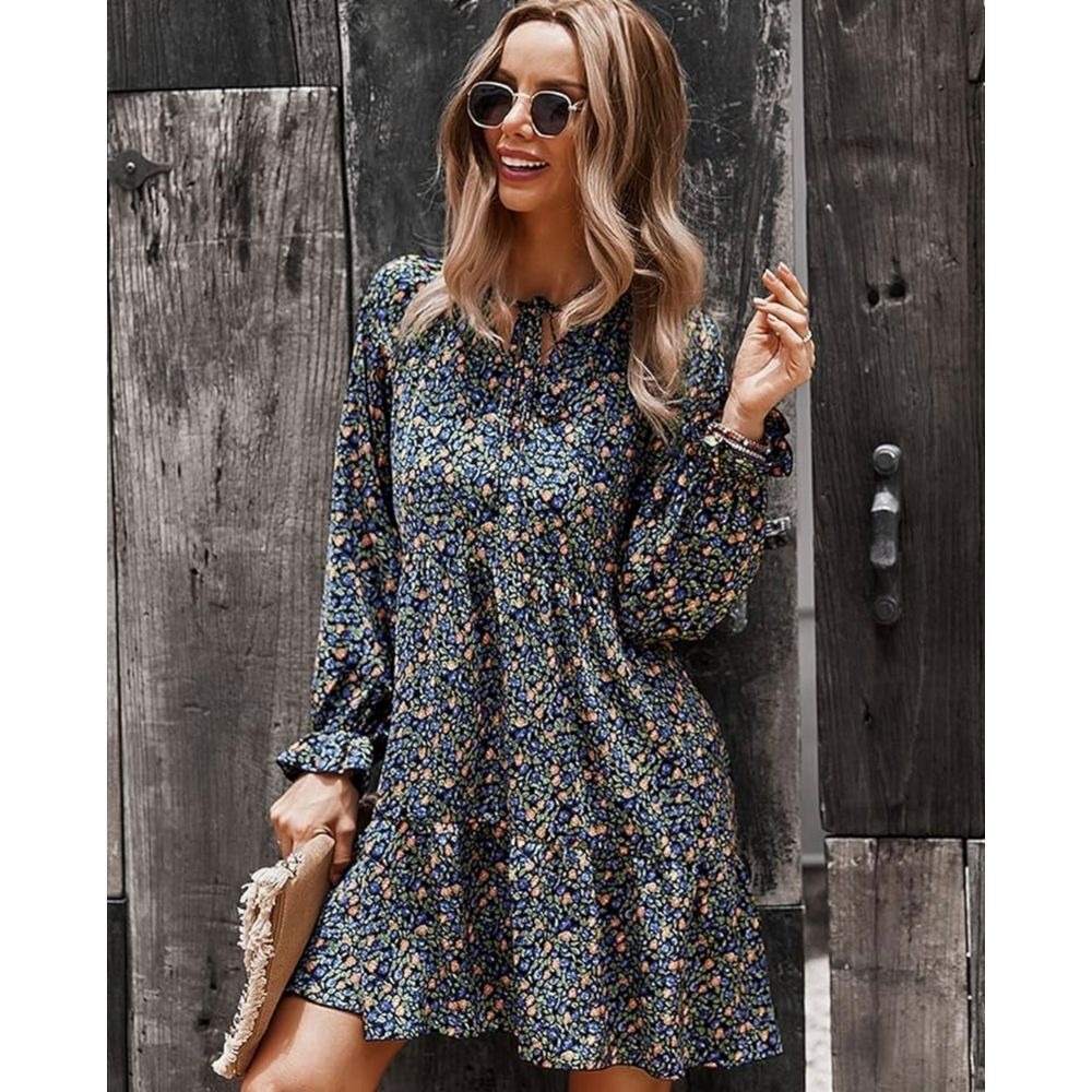 Boho Floral Long Sleeve Mini Dress Blue Multicolor Casual Summer Autumn size S